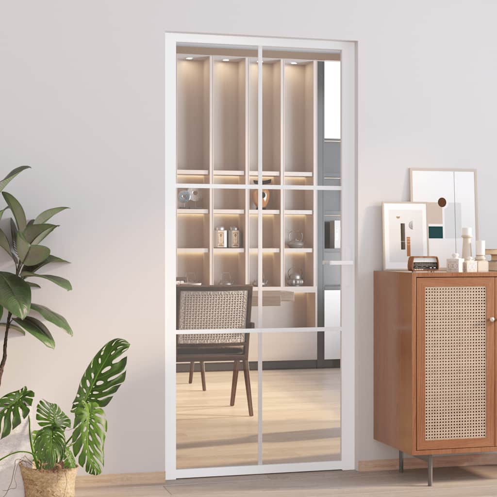 Interior Door 93 x 201.5 cm White Tempered Glass and Aluminum