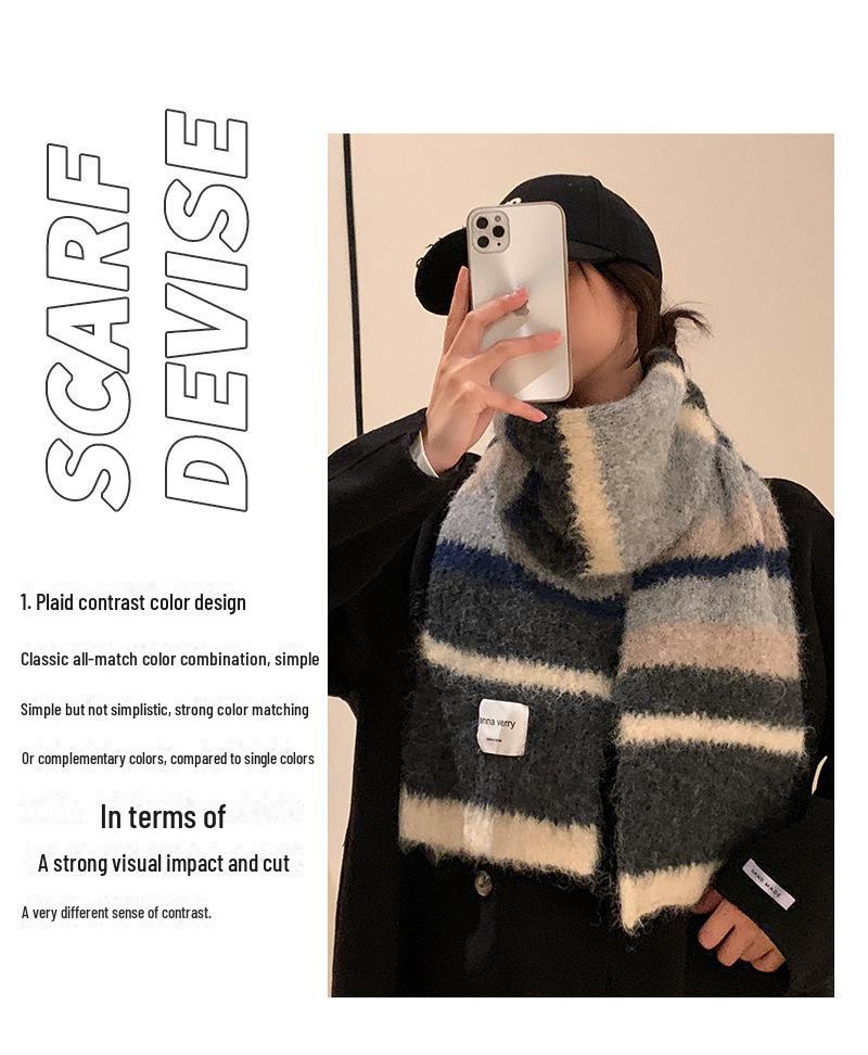 Зимний шарф из мохера в разноцветную полоску 2024 года: Универсальный, теплый, модный японско-корейский контрастный шейный платок для пар