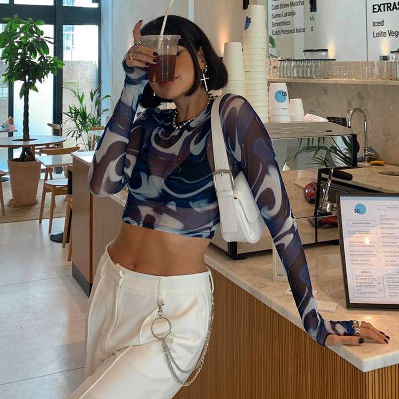 Женская сетчатая футболка с длинным рукавом с круглым вырезом и нерегулярным разрезом, пуловер, женская повседневная тонкая футболка, топ