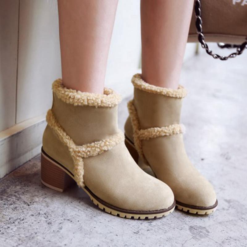 Теплые ботильоны женские из флока Зимние зимние сапоги женские туфли на высоком каблуке bota feminina de inver Обувь botas mujer
