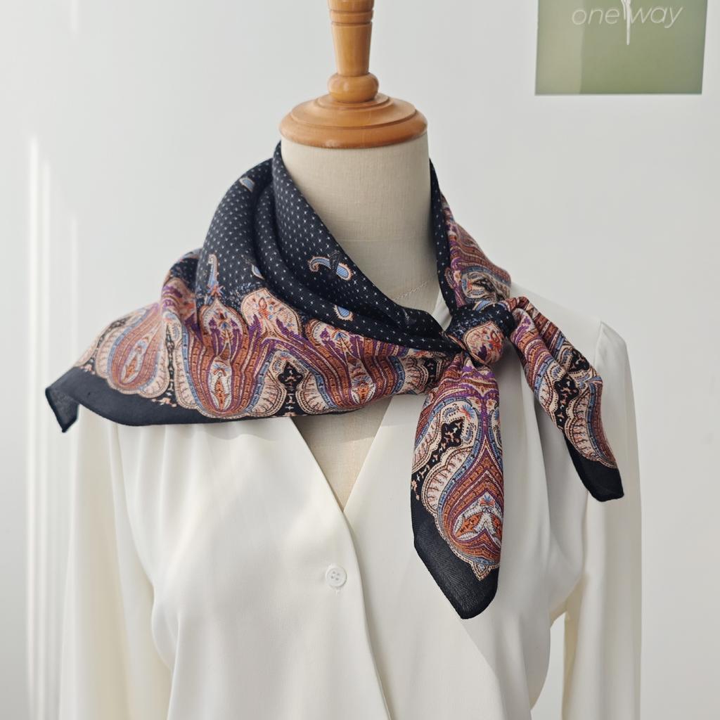 Paisley cashew flower black silk scarf, versatile small square scarf, spring/summer thin cotton-linen scarf paired with a shirt and neck scarf