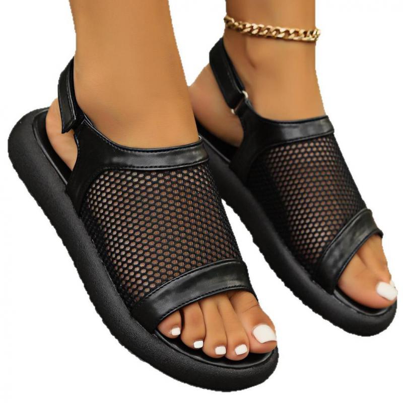 Модные летние дышащие сетчатые сандалии женские с открытым носком сандалии на плоской подошве повседневные сандалии с рыбьим носком больших размеров новые корейские удобные пляжные сандалии на низком каблуке