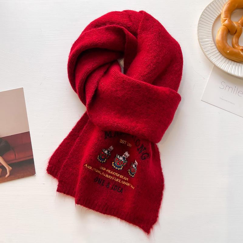 Wool College Style Retro Embroidery High-end Bear Knitted Scarf Thickened Student Female Winter Warm Scarf