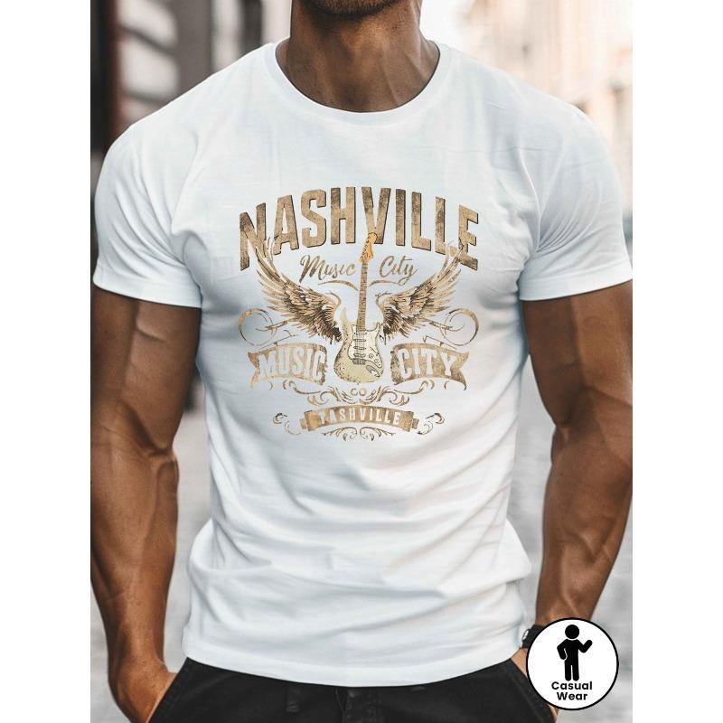 Мужская футболка Nashville Music City с гитарным принтом, европейский размер - Черная с золотой надписью, Повседневная летняя футболка с коротким рукавом и круглым вырезом