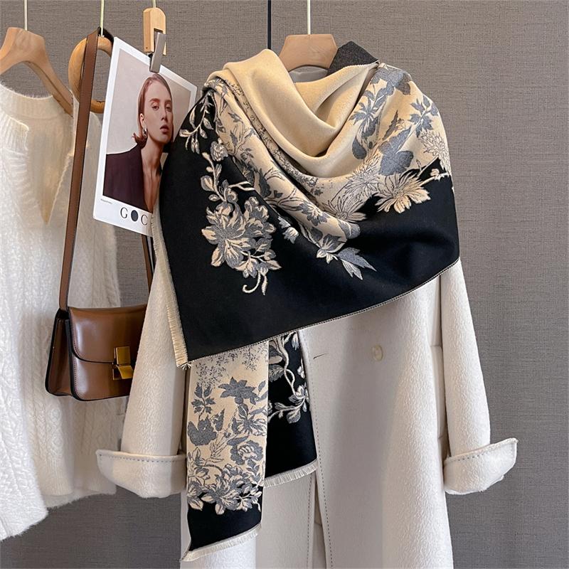 Winter New Luxury Two-Sided Faux Cashmere Scarf Women Floral Print Outdoor Warm Thick Shawl Soft Muffler Neckerchief