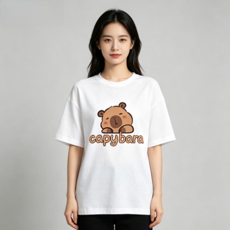 Unisex Modal Tshirt Capybara Cute Cartoon Print Short Sleeve Crewneck Casual Animal Lover Graphic Tee Black White