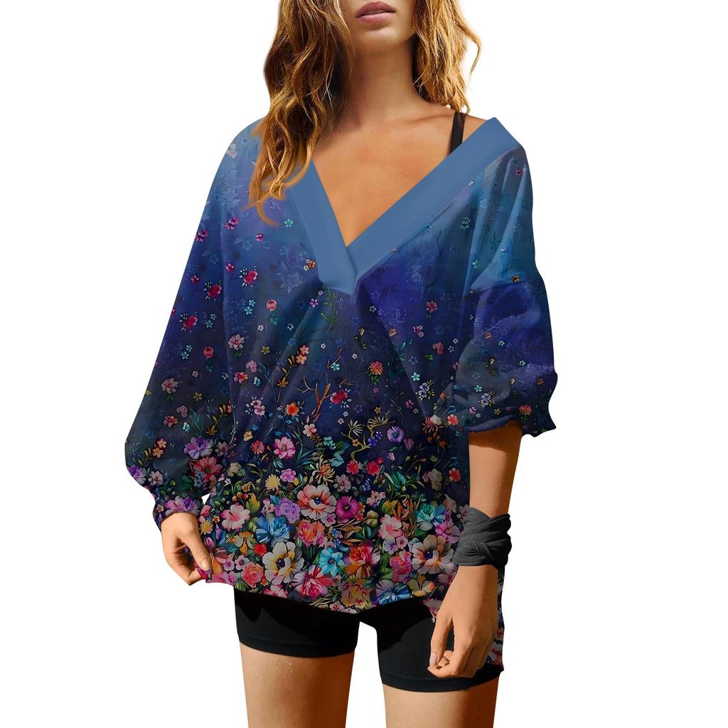 Женская мода V-образный вырез длинный рукав принтованный свободный пуловер свитшот топ