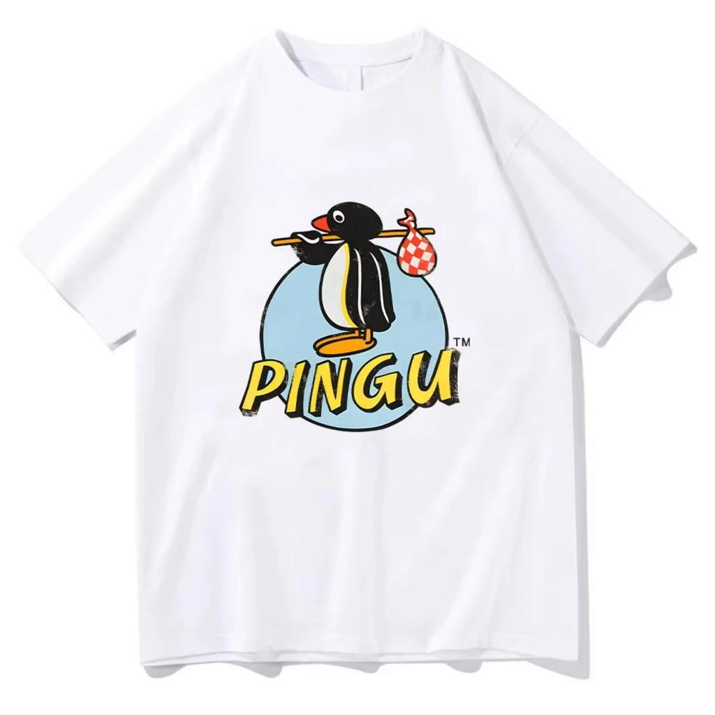 Pingu Классический Логотип Натуральная Футболка Женская Мужская Круглый Вырез Пингвин Футболка Одежда в Стиле Харадзюку Классическая Удобная Шикарная Одежда Y2K