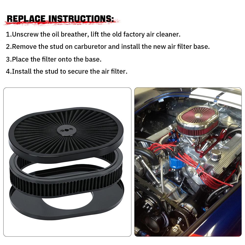 12"x2" Oval Air Cleaner Filter Assembly 5-1/8" Carb Neck w/ Flow-Thru Lid High Flow Chrome for GMC Chevy Ford Chryler Dodge