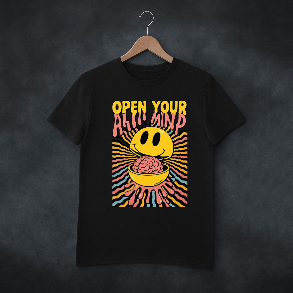 Open Your Mind Psychedelic Smiley Tee, Trippy Brain Graphic Shirt, Melting Mind Groovy T-shirt, Festival Stoner Streetwear