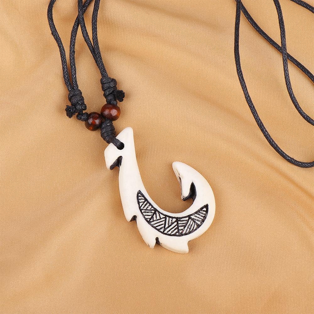 Black Cotton Cord Beaded Maori White Tribal Fish Hook Handmade DIY Jewelry Pendant Necklace