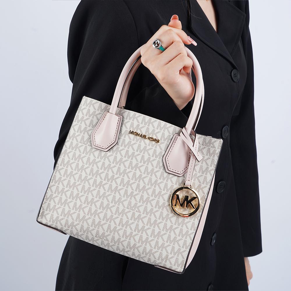 Michael Kors MK Mercer Classic Monogram Color Block Кожаная Сумка-гармошка на плечо Crossbody Средняя Женские сумки 35S1GM9M2B-POWDER-BLUSH