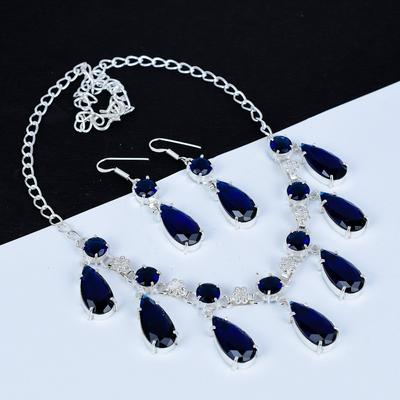 Комплект ожерелья с синим сапфиром, сапфировый драгоценный камень, ручная работа, 925 пробы, серьги с сапфиром, комплект ожерелья для женщин, ожерелье для подарков, подарки на День святого Валентина