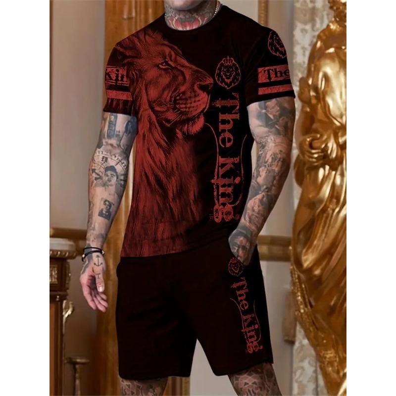 Спортивный костюм для мальчика с объемным принтом льва с короткими рукавами, для путешествий и отдыха, комплект из двух частей, одежда больших размеров, детский комплект