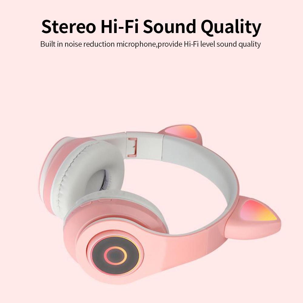 B39 Cute Cat Ear Headset Wireless BT5.0 Foldable Gaming Headphone with Flash RGB Lights Earphone TF