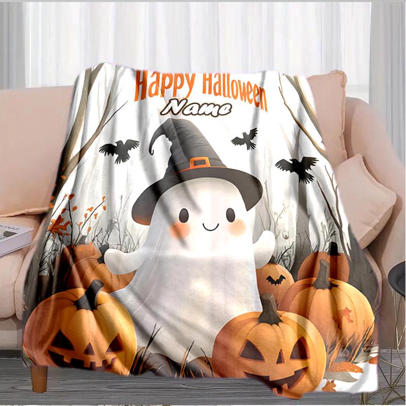 1PC Custom Name Happy Halloween Ghost outdooor Flannel blankets Throw Blanket All-Season Throw Gift Bedspread for Couch, Bed, Camping Holiday Birthday