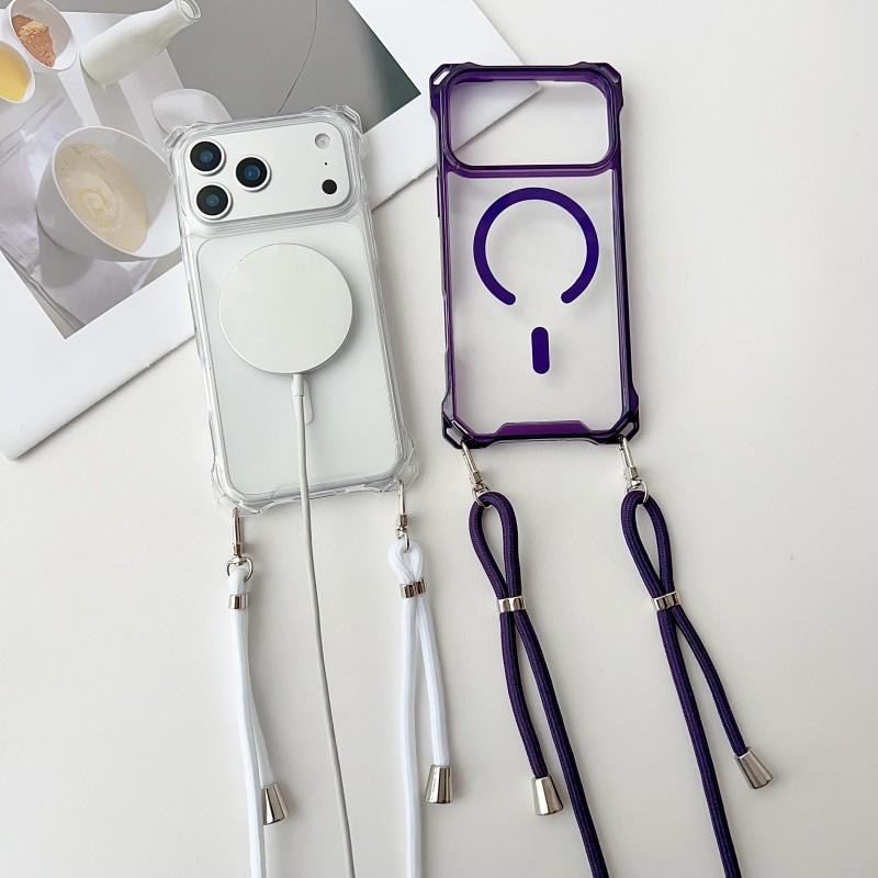 Магнитный Чехол Для iPhone 17 Pro Max 16 13 12 11 14 15 Plus Magsafe Ударопрочный Четыре Угла Ремешок Через Плечо Шнурок Прозрачный Чехол