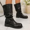 Winter Vintage Belt Buckle Women Knight Boots Fashion Slip On Low Heel Shoes Ladies Cosy Soft Leather Mid Calf Booties