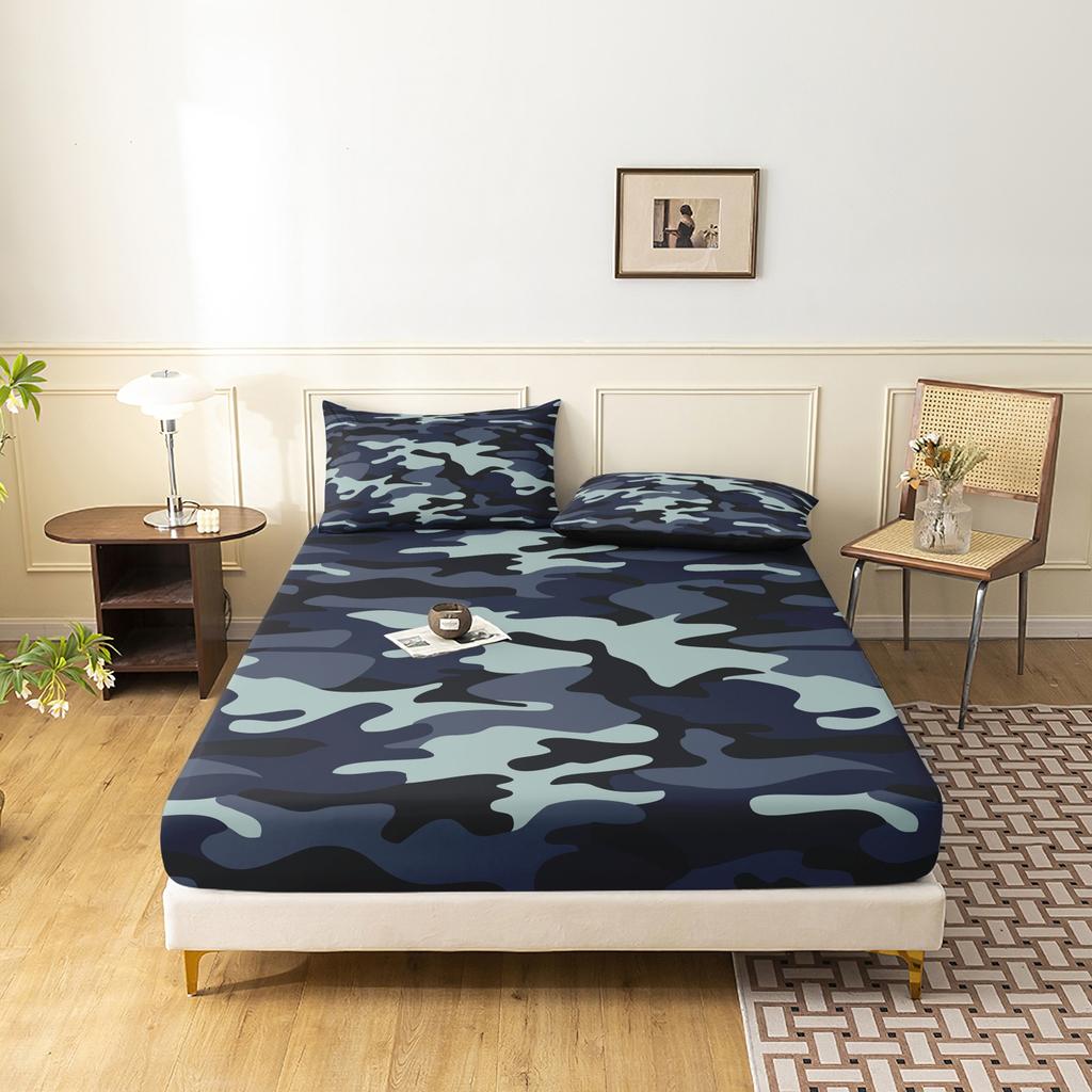 3pcs Vintage Military Camouflage Print Fitted Sheet Set,Ideal For Bedroom And Guest Room, Mattress Protector, Bedding