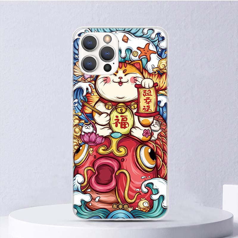 Счастливый Кот Манеки Неко Японский Мягкий Чехол Для iPhone 16 17 Air 16E 15 Plus 11 12 13 Mini 14 Pro Max Чехол Для Телефона Apple 7 8 SE Coqu