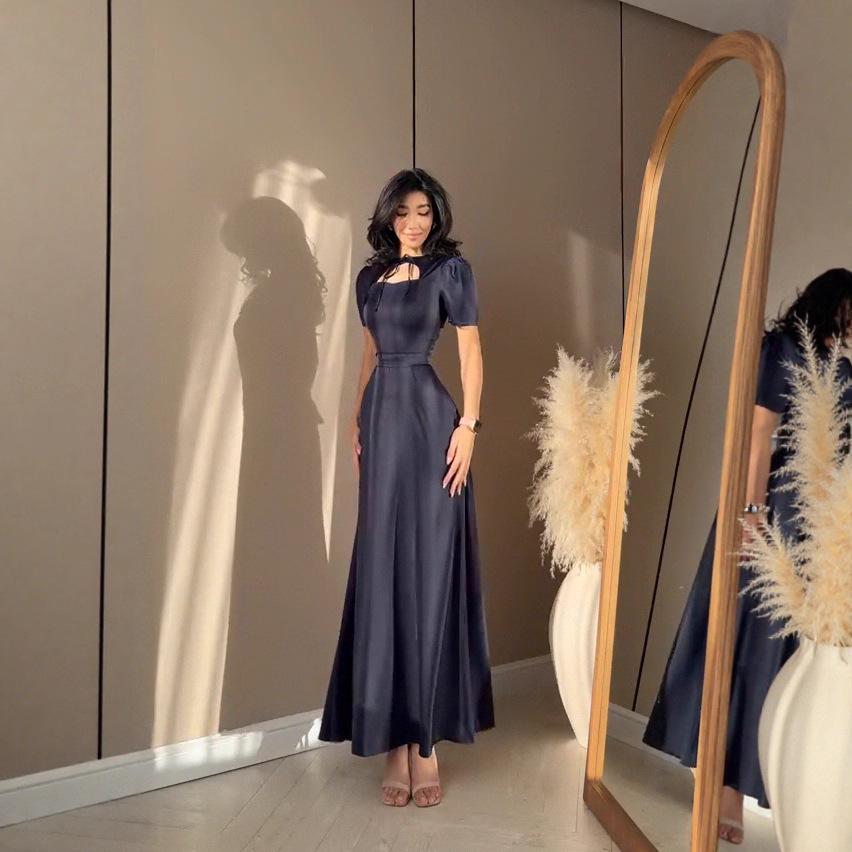 Элегантное европейское и американское летнее платье 2025 года в стиле Хепберн с открытой спиной, на шнуровке и с пышными рукавами для женщин