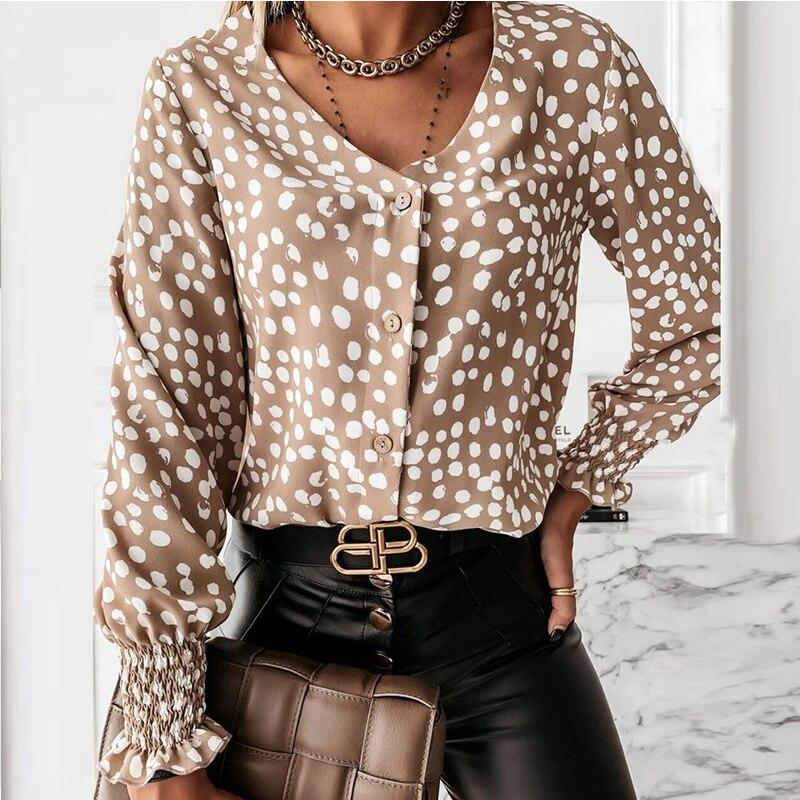 Осенняя винтажная блузка с длинным рукавом, женская повседневная рубашка на пуговицах больших размеров, женские топы и блузки с принтом в горошек 12256