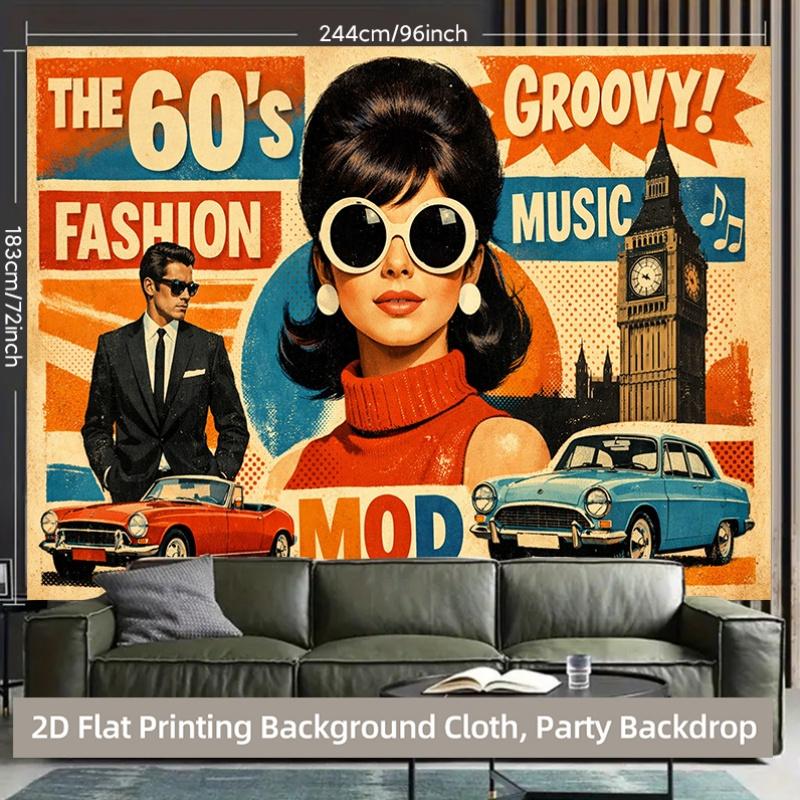 1 piece of 2D background fabric, polyester background fabric for a retro fashion music party banner from the 1960s