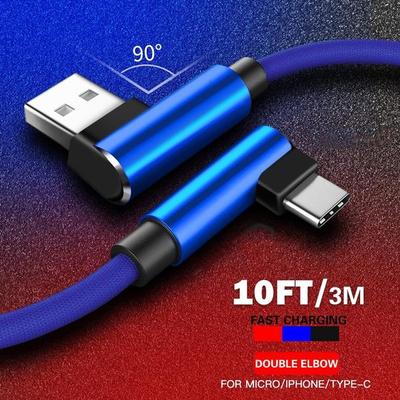 USB-кабель для быстрой зарядки, 90 градусов, 3 А, подходит для iPhone/Android/кабеля типа C. Нейлоновый кабель USB C.