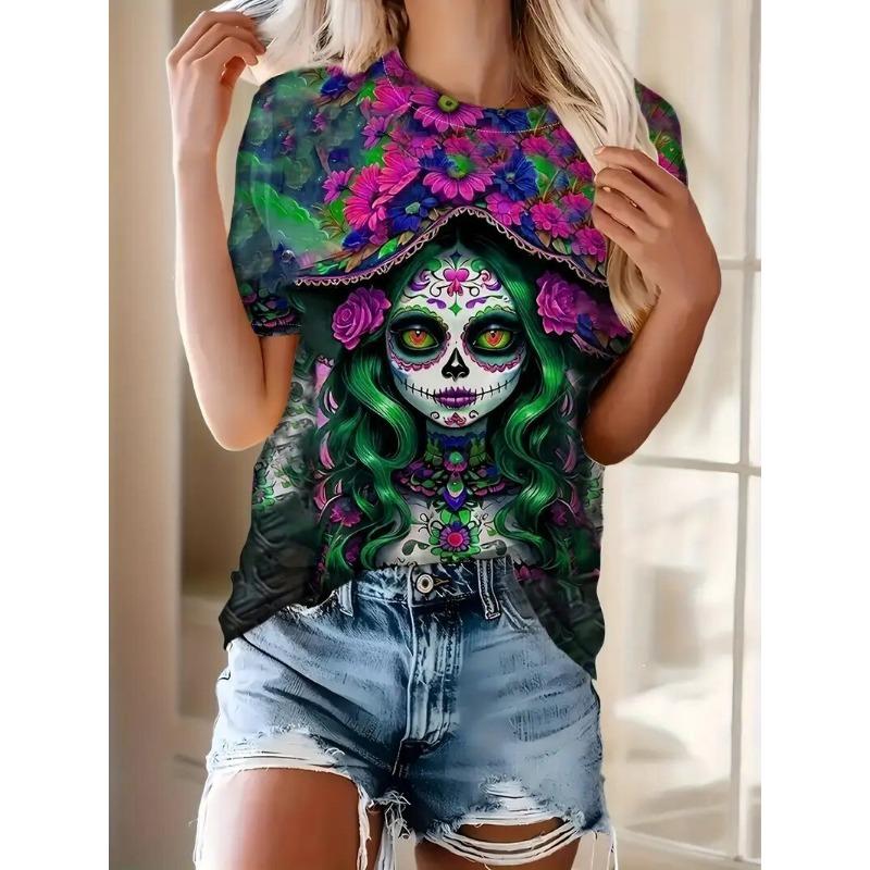 Women's T-Shirt Floral And Skull Print Fashion Casual Short-Sleeved Round Neck Blouse Street Oversized Women's Clothings Summer