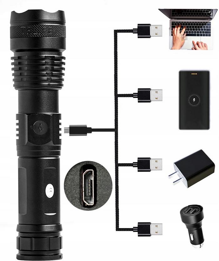 LED tactical flashlight, rechargeable, powerful, survival, forest, as a gift