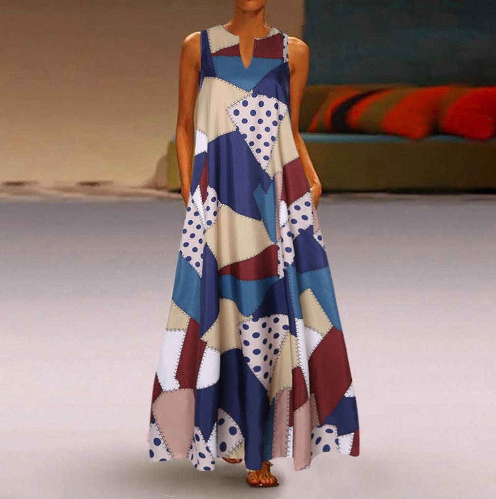 Женское модное повседневное ретро-платье с принтом и v-образным вырезом без рукавов, карманное платье