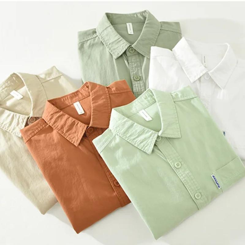 100% хлопок, мягкие и удобные мужские рубашки, весенние повседневные рубашки, свободные однотонные рубашки с отложным воротником и длинными рукавами, молодежный простой стиль