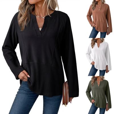 Женская мода однотонный повседневный топ свободного кроя с V-образным вырезом, универсальный, удобный, с длинными рукавами