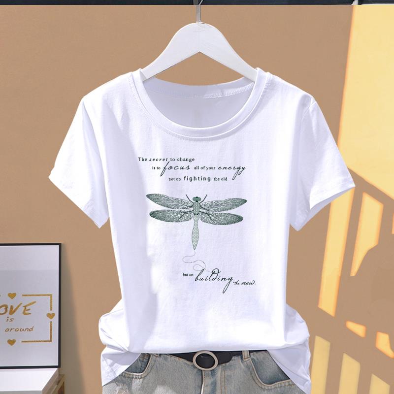 Азиатский размер - женская женская футболка, женская футболка со стрекозой, любовью и сердцем, милая одежда, повседневный летний топ с принтом, модная футболка с коротким рукавом и рисунком