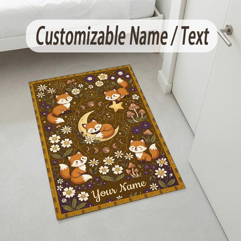 Foxes Moonlit Theme Soft Crystal Velvet Rug Custom Name & Text Print Non Slip Floor Rug for Bedroom Living Room