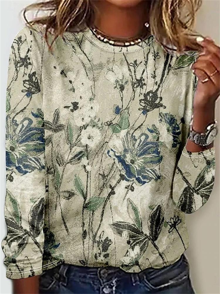 Women's Autumn Casual Long-Sleeved T-Shirt with 3D Print Floral Pattern Round Neck Retro Elegant Fashionable Women's Top