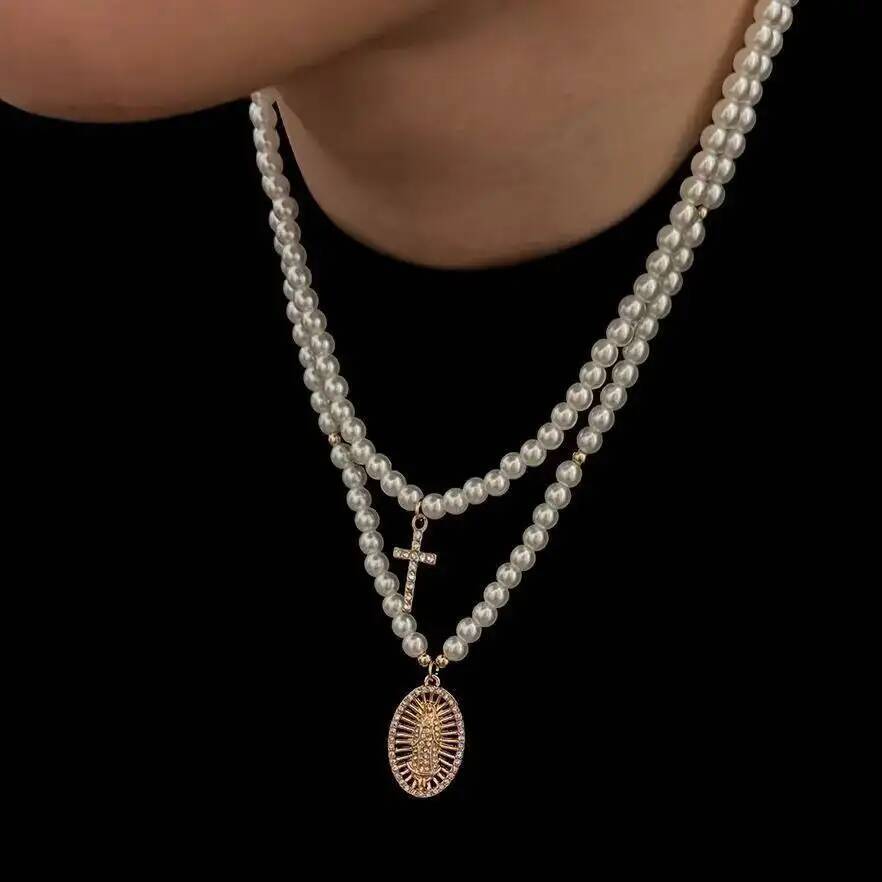 SHIXIN 2 Pcs/Set Hip Hop Jesus Cross Pendants Necklace Men Trendy Charm Imitation Pearls Chain Adjustable Chokers Street Jewelry