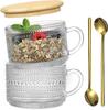 2/4/6Pcs Glass Coffee Cups with Bamboo Lids and Spoons Vintage Coffee Mugs Set 14 Oz Clear Embossed Glassware Tea Cups