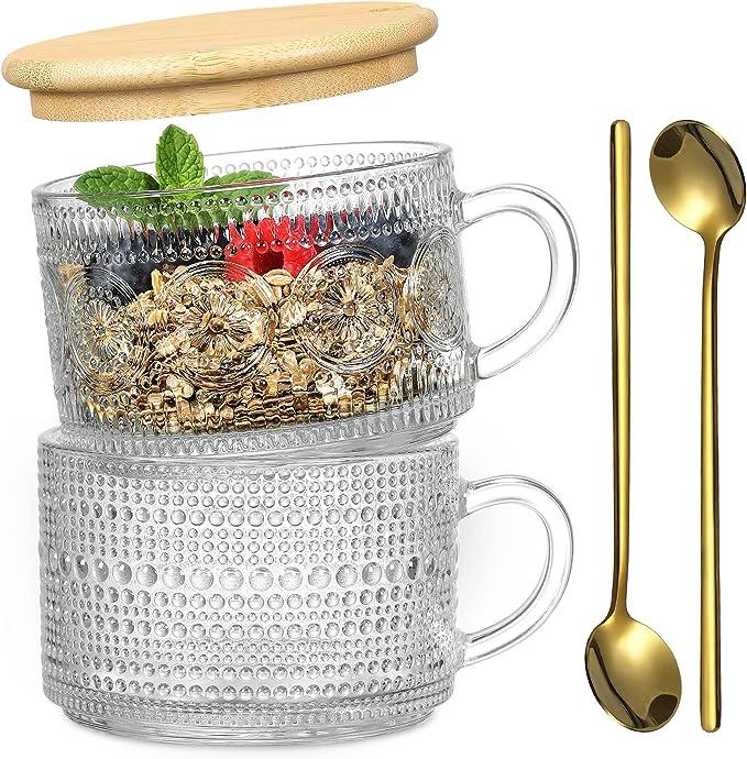 2/4/6Pcs Glass Coffee Cups with Bamboo Lids and Spoons Vintage Coffee Mugs Set 14 Oz Clear Embossed Glassware Tea Cups