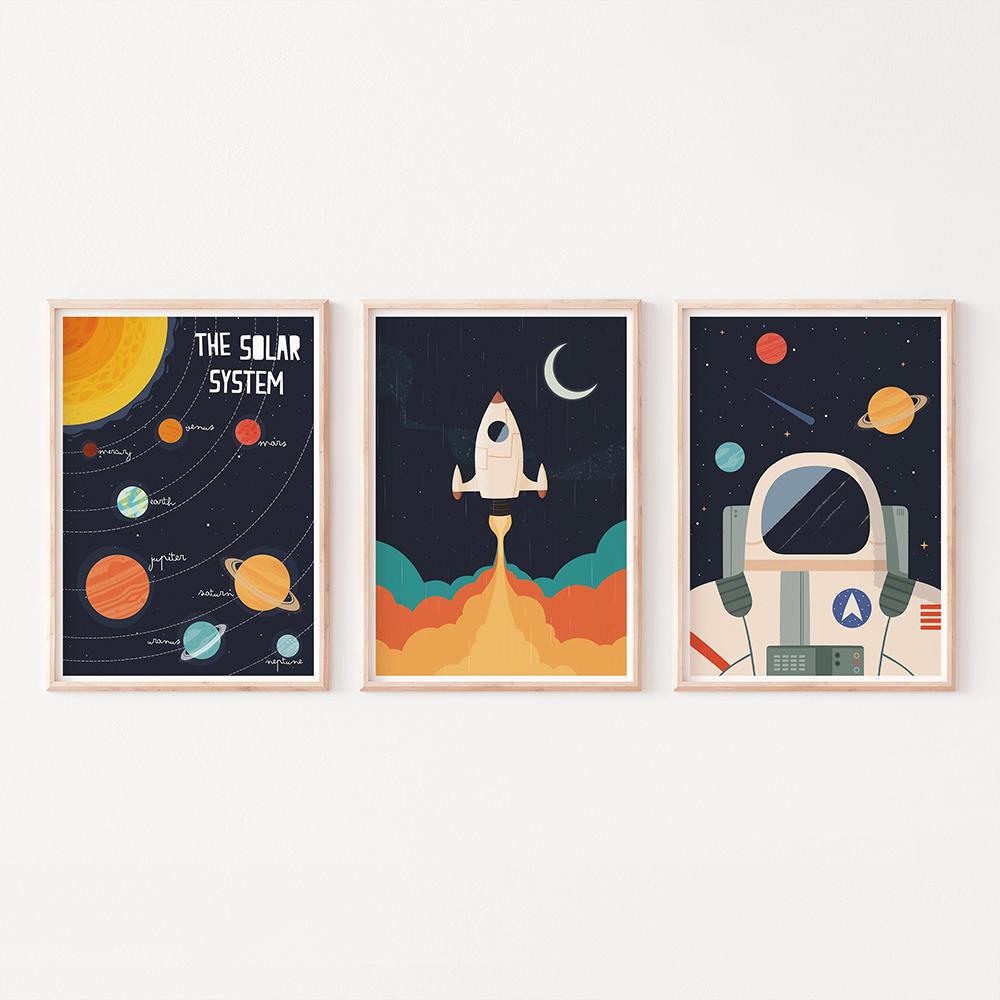 Solar System Wall Art Earth Poster Educational Print Spaceship Rocket Decoration Picture Astronaut Poster for Nursery Home Decor