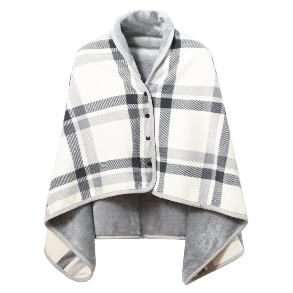 Kumori 4-Way Wearable Blanket with Snap Buttons, Throw and Poncho, White Check, 100 × 140 Cm