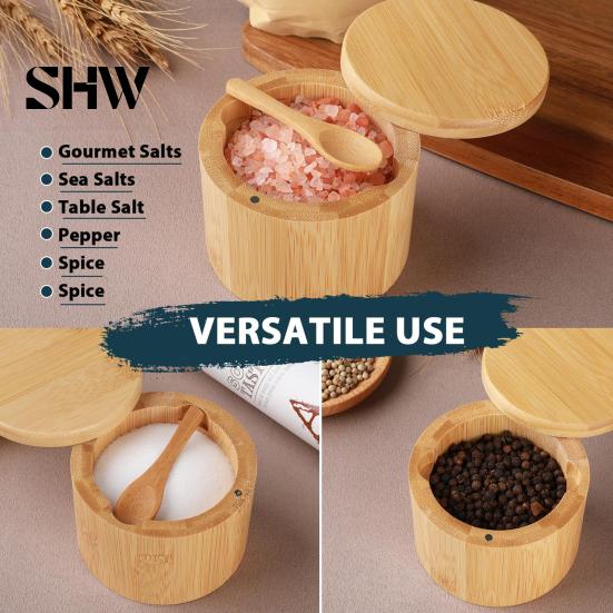 Kitchen Spice Storage Organizer Wood Salt Container with Swivel Magnetic Lid, Built-in Spoon Seasoning Jar Jar, Moisture Proof for Countertop