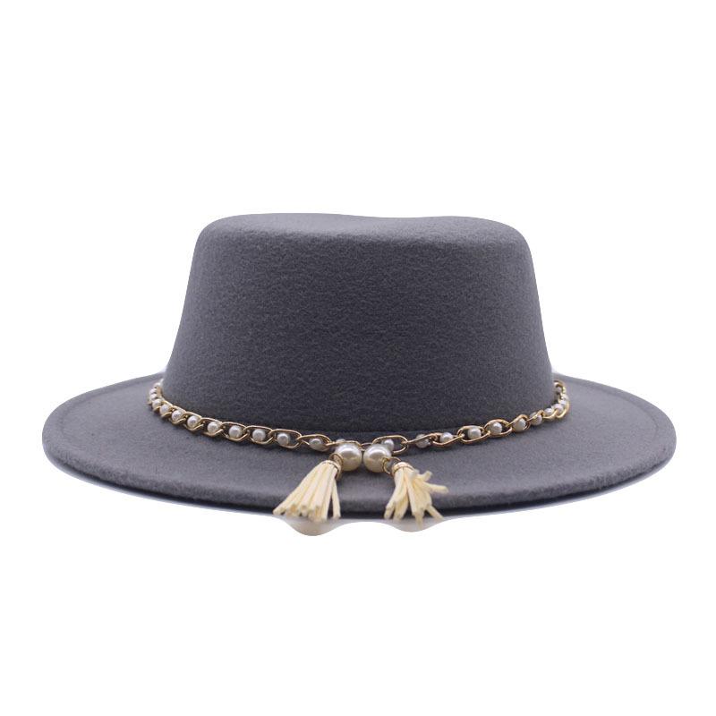 European, American and British style retro fringed pearl chain woolen felt hat wide brim top hat flat top lady hat trendy girl