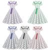 Women Party Dress Vinatge Big Hem Contrast Color Dot Print High Waist with Belt