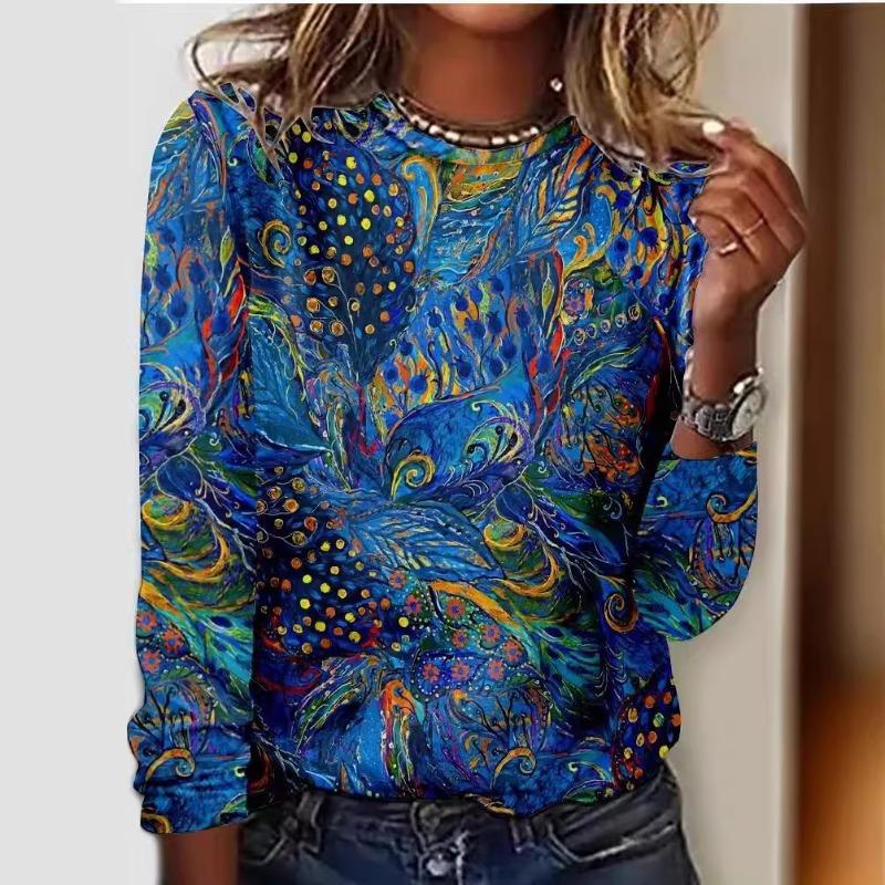 Summer Butterfly Floral Stripe Printed Round Neck Long Sleeve Loose T-Shirts Women’s