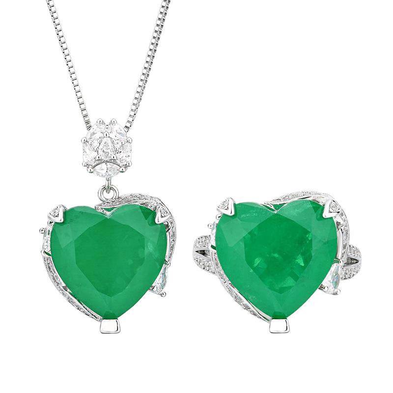 New Jewelry Set Heart-shaped Ring Necklace Grandmother Green Vintage Niche High-end Adjustable Women