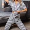 [Customized] New Autumn European and American Pajamas Striped Loose Short-sleeved Trousers Casual Loungewear Suit Women