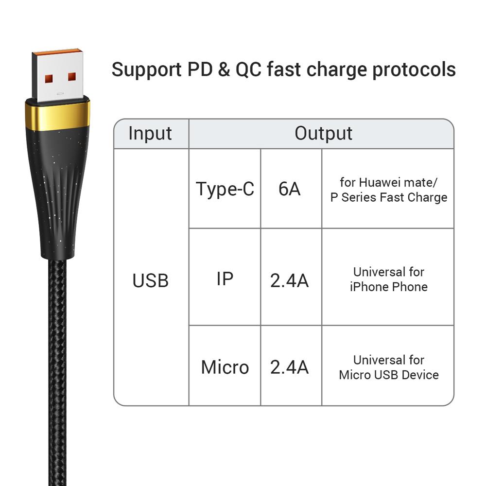 3 In 1 USB Charge Cable 6A 100W for Huawei/Honor Portable Micro USB TypeC Cable Charging Cable For iPhone 14 Samsung
