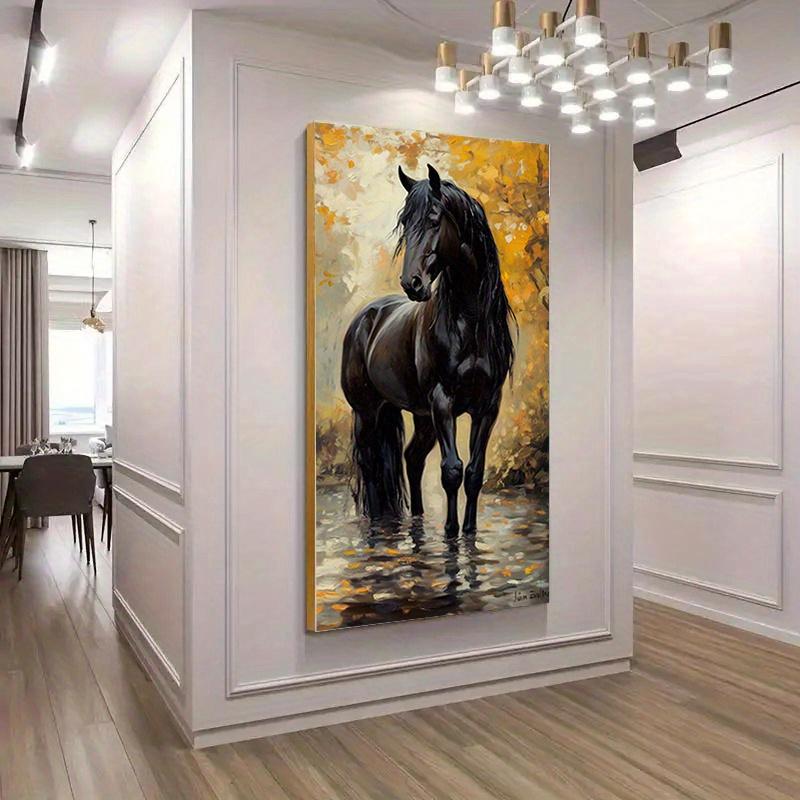 Frameless Modern Canvas Wall Art Black Horse in Autumn Forest with Fall Foliage