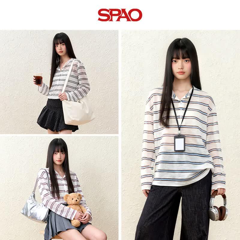 Женская футболка SPAO в полоску с длинным рукавом и воротником-хенли